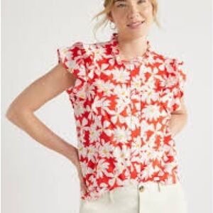 Free Assembly Vibrant Floral Ruffle Blouse - Red and White
